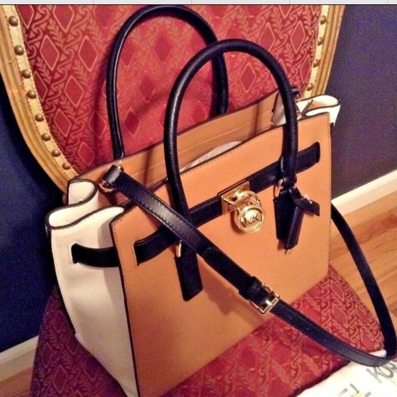 Michael Kors Hamilton Satchel Handbag Shoulder Bag Tri-Color Tan/White/Black - Picture 2 of 12